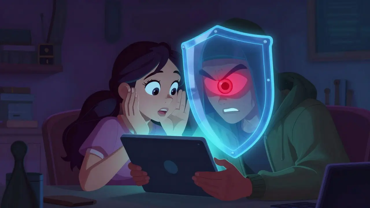 Two people secretly using a tablet with a digital eye monitoring them in Disney style.