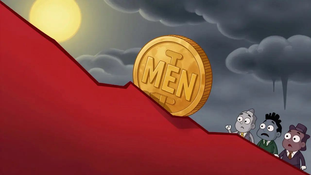 A cartoon coin sliding down a steep red graph showing price decline.