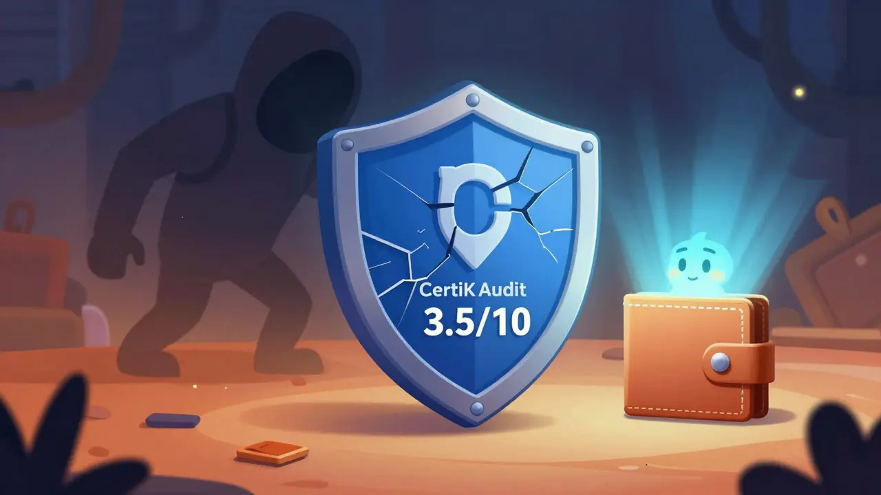 A cracked shield with a shadowy hacker, illustrating crypto security risks.
