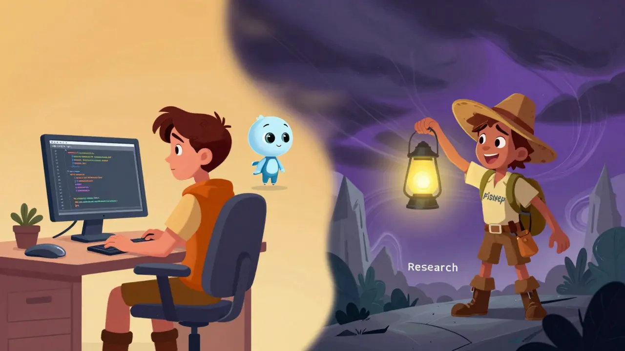 A developer codes with an AI helper while a navigator braves stormy market volatility in a Disney-style scene.