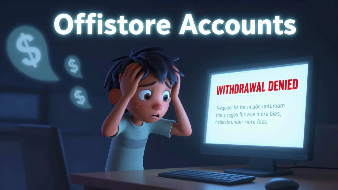 A distressed character faces a withdrawal denial on a computer screen as money vanishes.