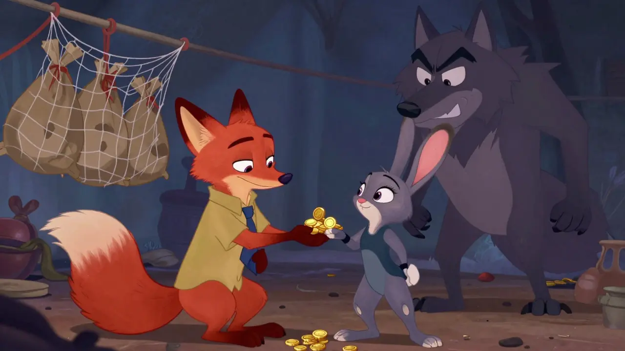 A fox tricks a rabbit with small gains while a wolf waits behind.
