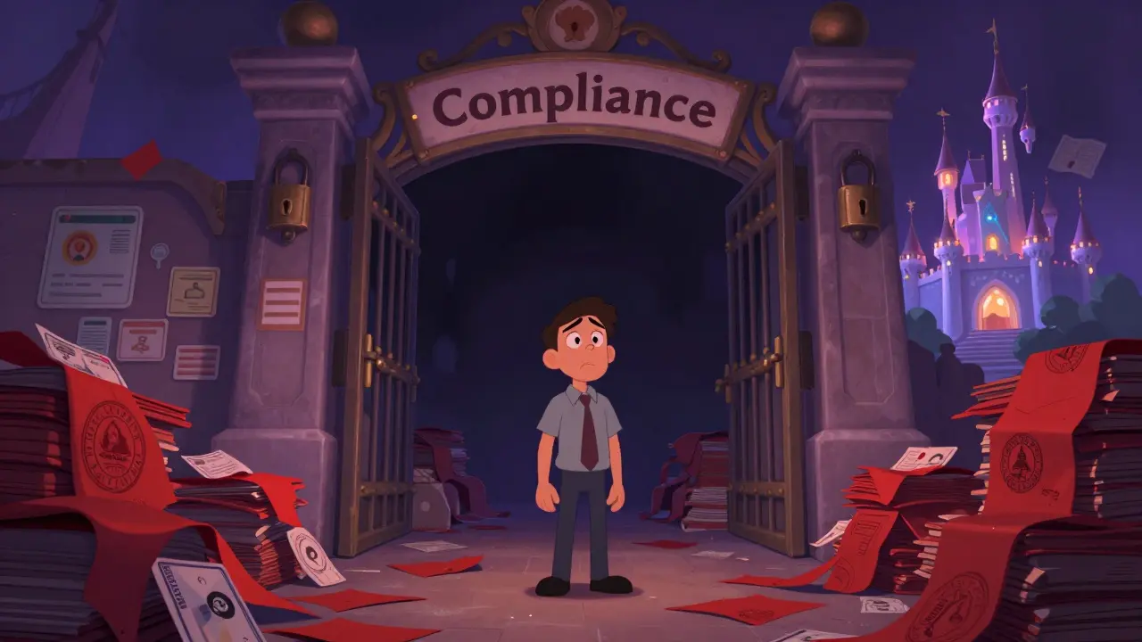 A trader blocked by a massive compliance gate and red tape, unable to access the market.