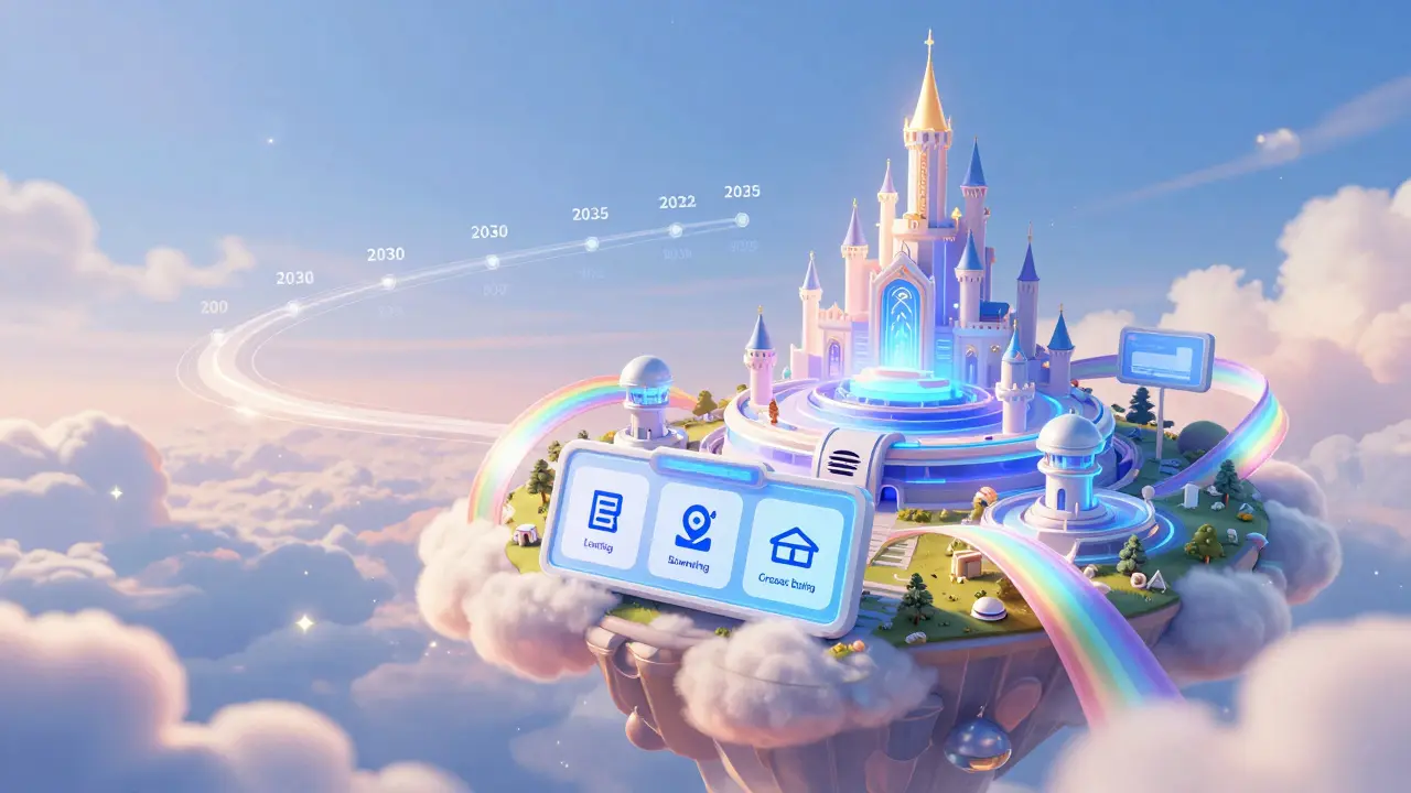 A whimsical DeFi hub with rainbow bridges and a starry roadmap leading to a distant castle.