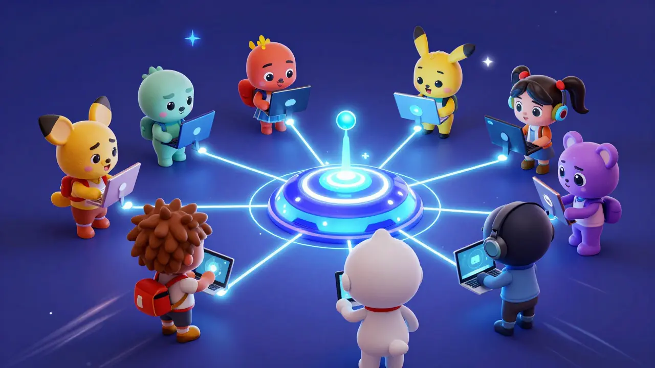 Animated characters connecting devices to a magical network hub via glowing lines.