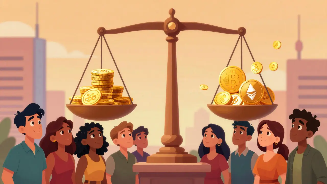 Balanced scale showing national currency and digital assets