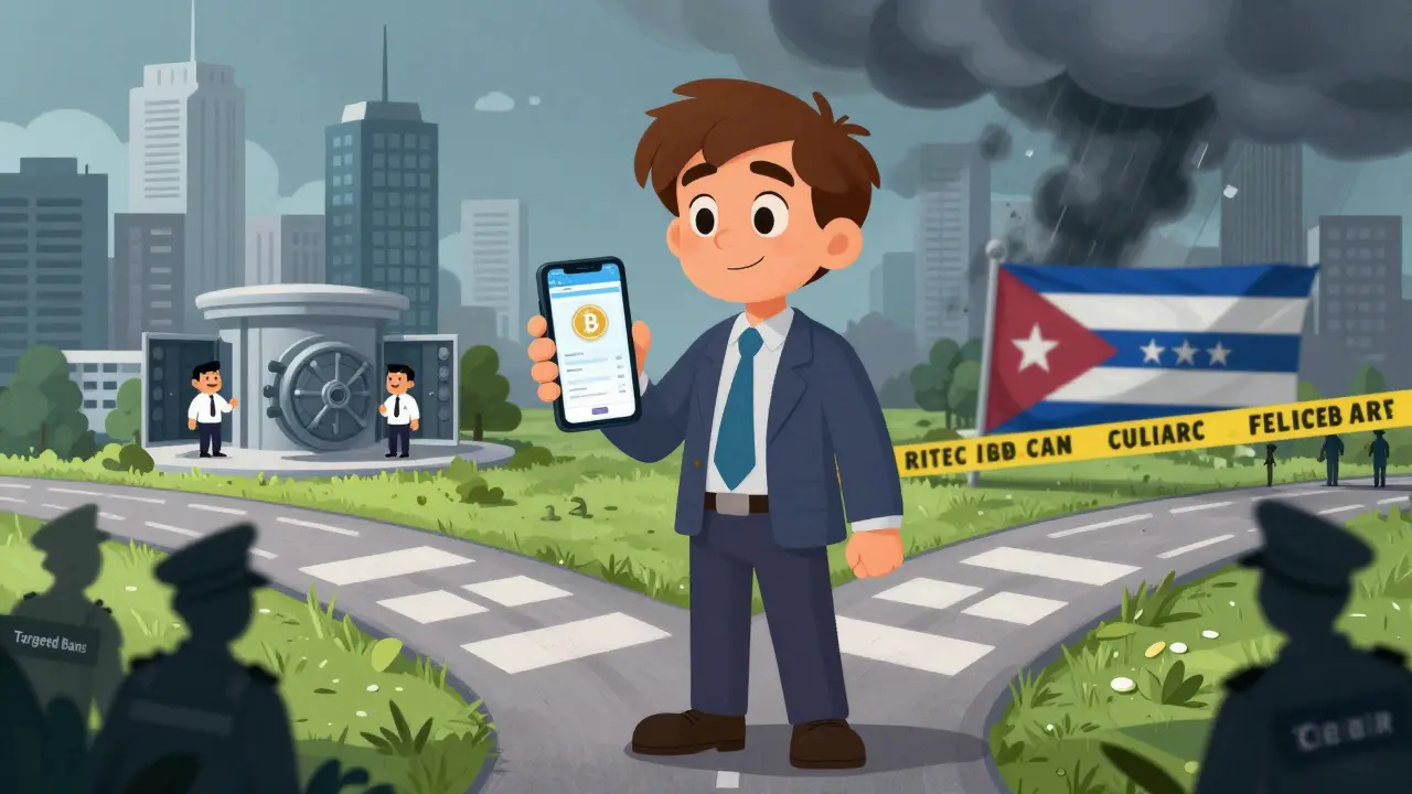Business traveler navigating financial paths with open Syrian banks and blocked Cuban routes.