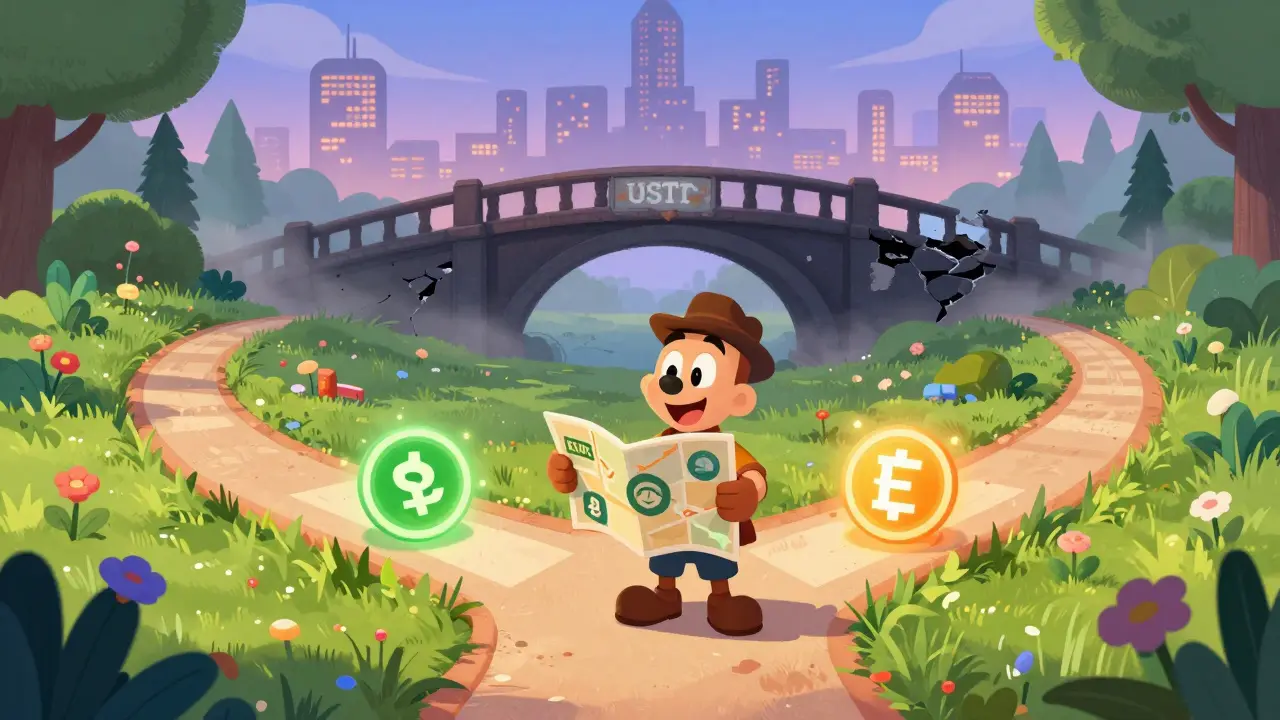 Cartoon character chooses safe stablecoin alternatives over fading USDT path