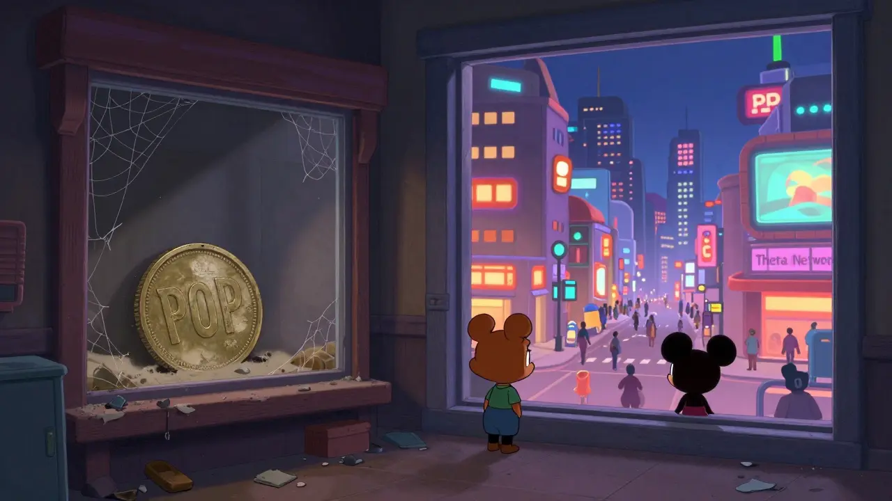 Cartoon illustration contrasting a dormant, empty crypto shop with a bustling, successful competitor city.
