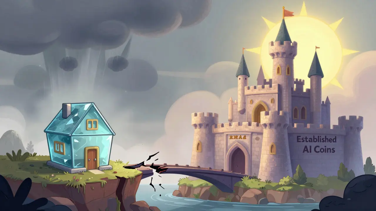 Cartoon split scene showing fragile risky investment vs sturdy established crypto project.