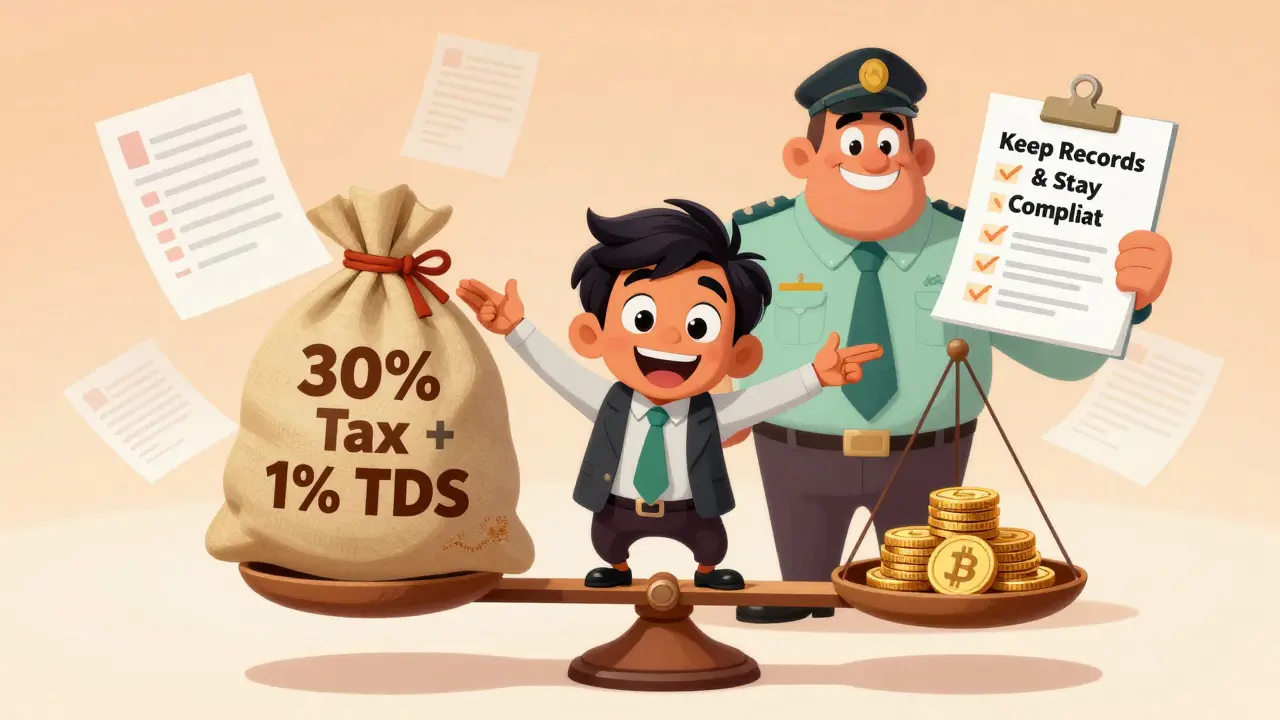 Character balancing high taxes and compliance rules for crypto trading.