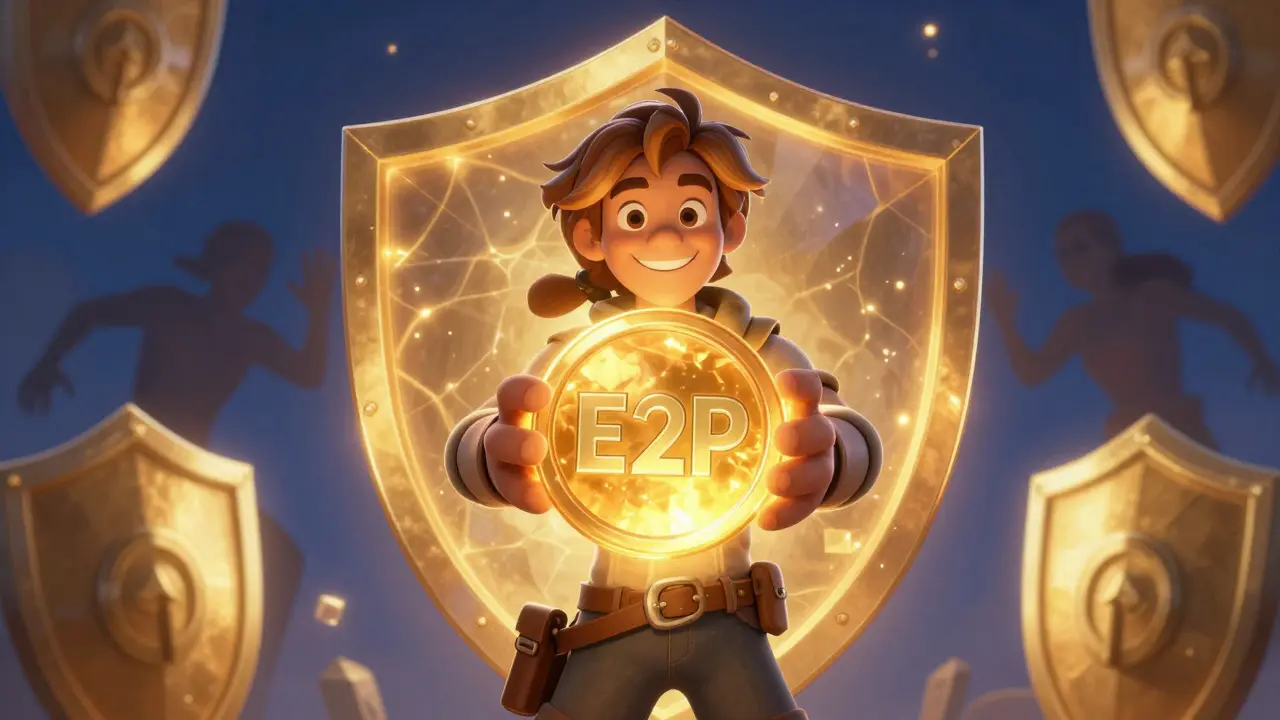 Character holding a glowing token protected by a security shield