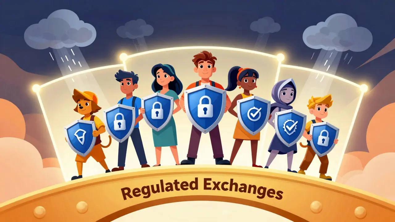 Confident users stand on a secure bridge labeled Regulated Exchanges against storm clouds.