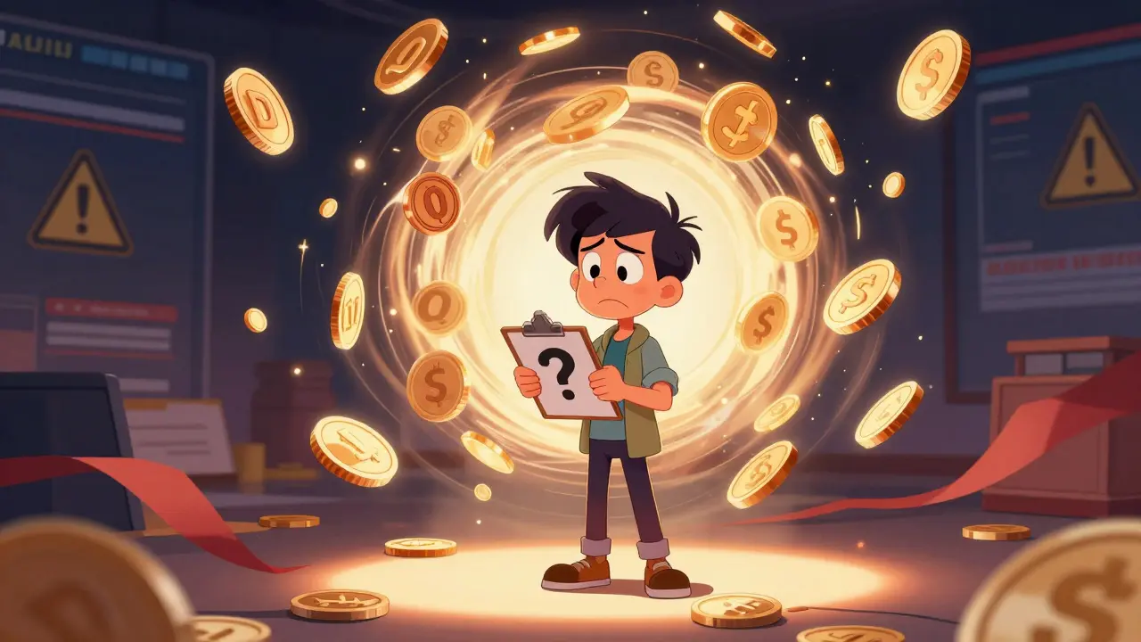 Confused cartoon investor surrounded by swirling, inconsistent crypto token sizes.