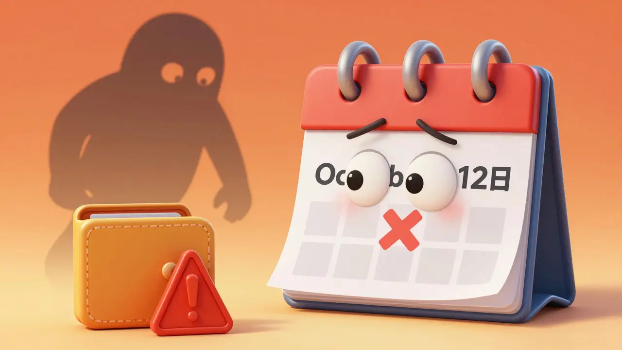 Confused character looking at a calendar with a warning about missed timing