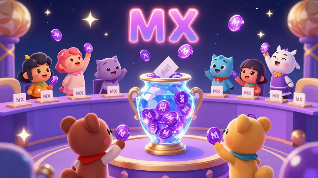 Cute animated characters actively voting with glowing tokens in a vibrant, magical arena.