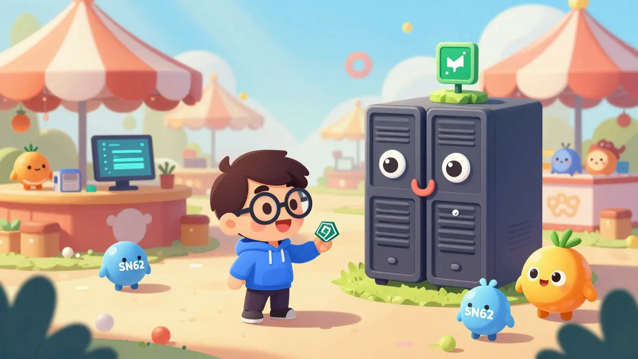 Cute code characters trade SN62 tokens with a smiling validator node in a whimsical digital marketplace.