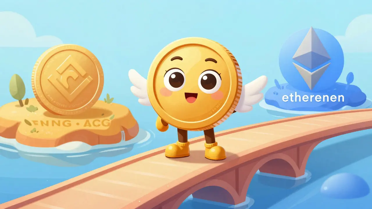Cute coin character on a bridge connecting different blockchain islands