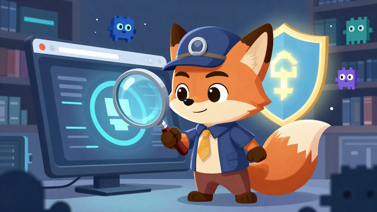 Cute detective character using a magnifying glass to spot scams in a digital world.