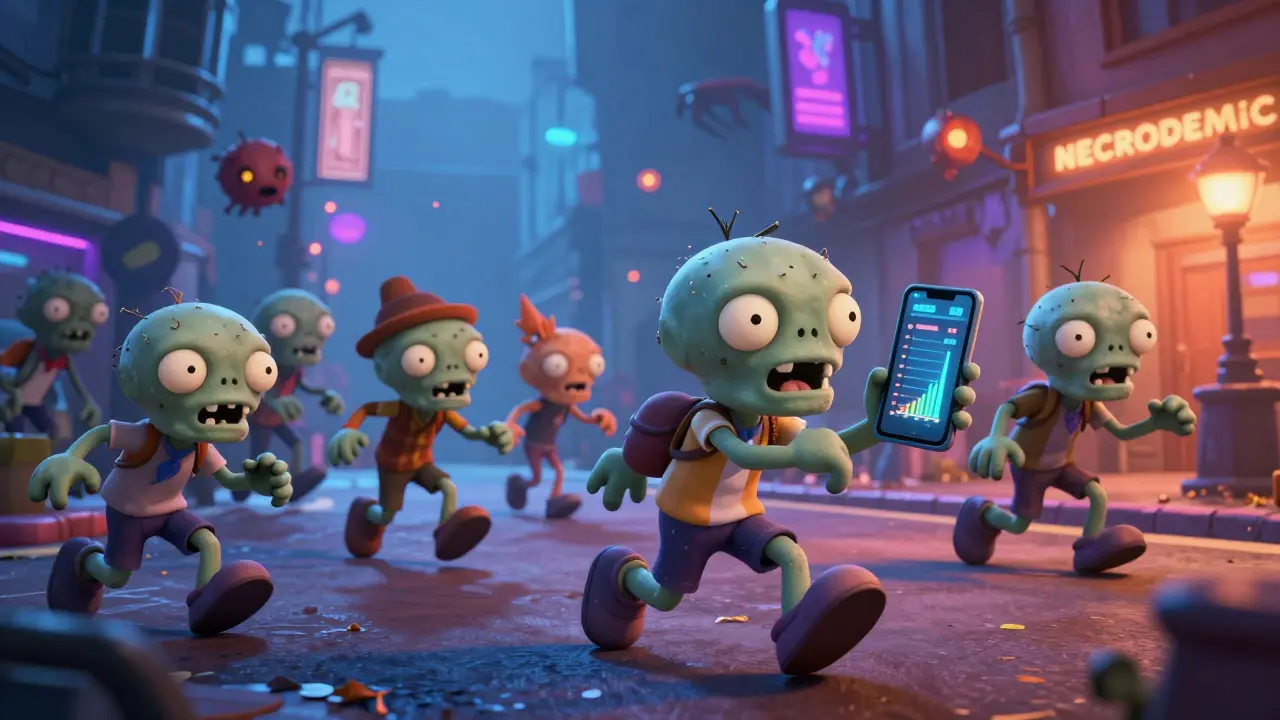 Cute gamers battling playful zombies in a neon cityscape game scene