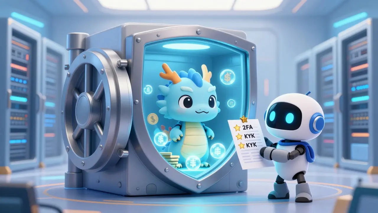 Cute robot guarding a secure vault with crypto assets inside