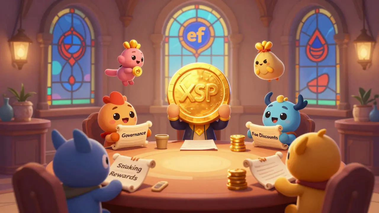 Cute token characters discussing governance and rewards