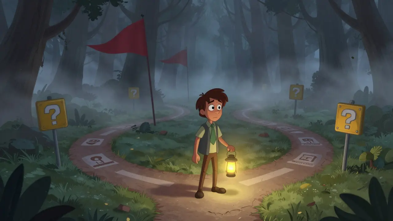 Disney style character at a crossroads choosing between a risky foggy path and a safe, established route.