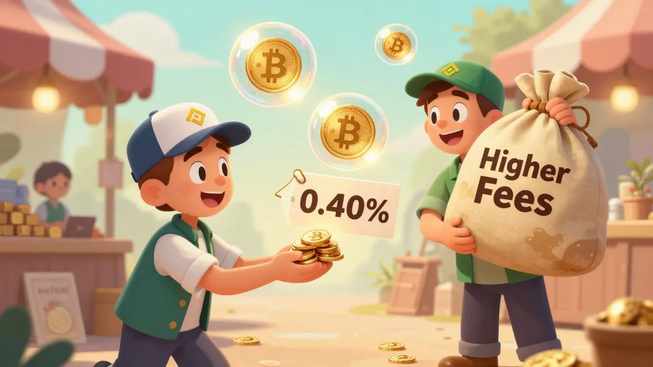 Disney-style characters comparing low crypto fees vs high fees