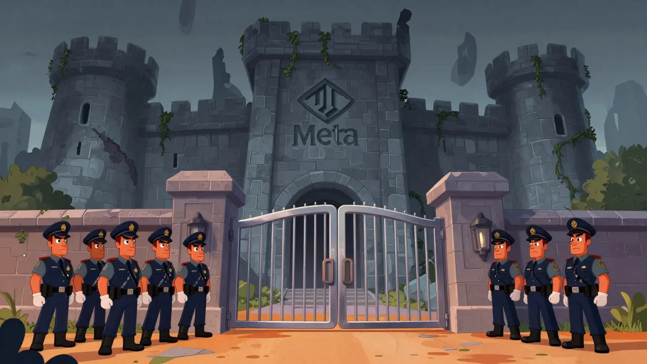 Disney style illustration of the ruined Meta Diem project fortress blocked by regulators.