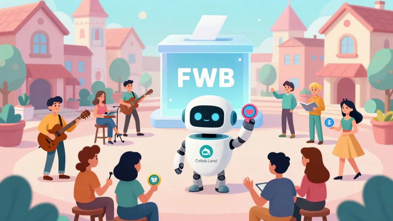 Diverse cartoon community collaborating in a bright digital square