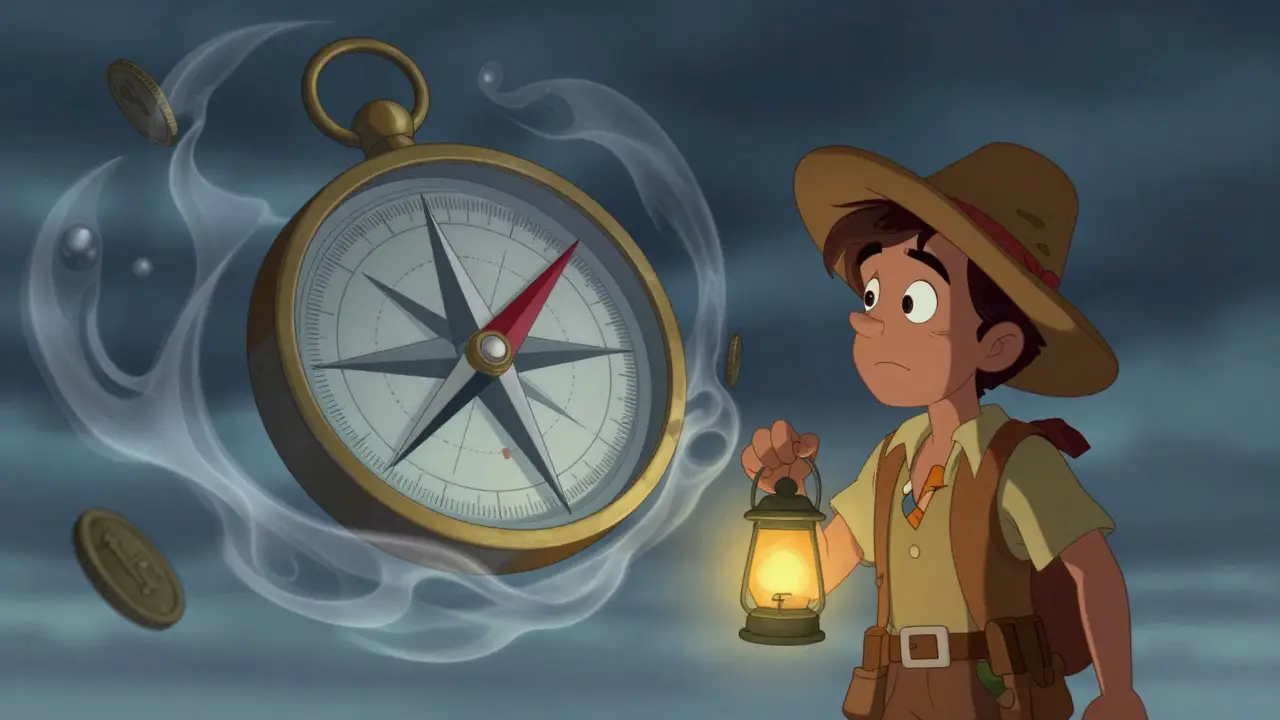 Explorer looking at a spinning compass symbolizing market volatility