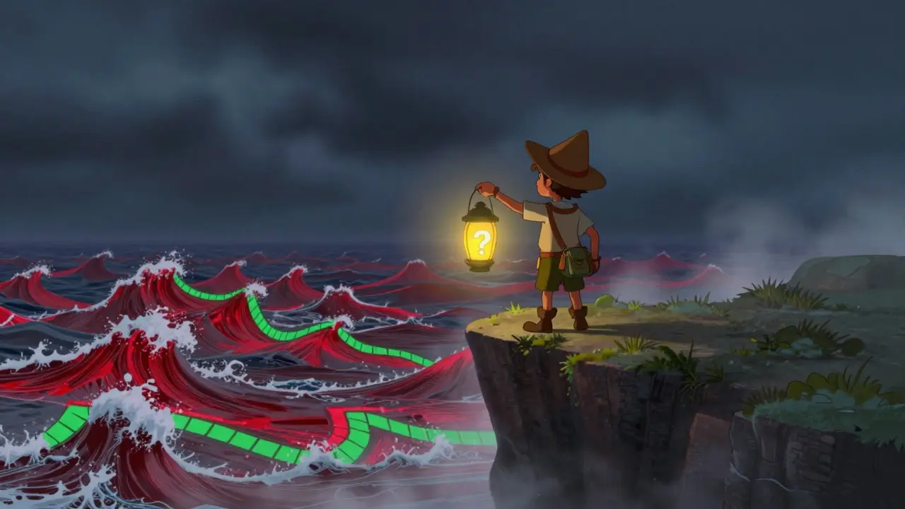 Explorer with lantern looking out over volatile market waves
