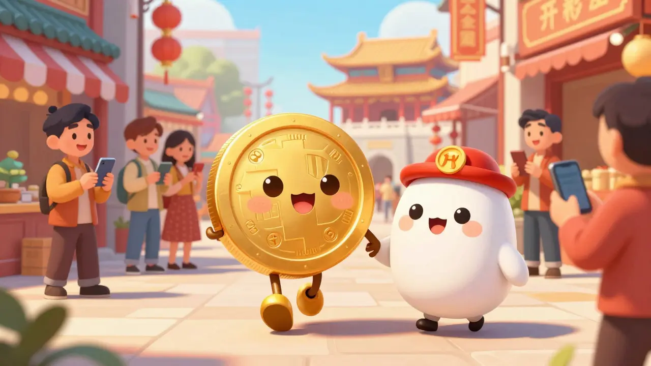 Friendly golden e-CNY coin character in busy market