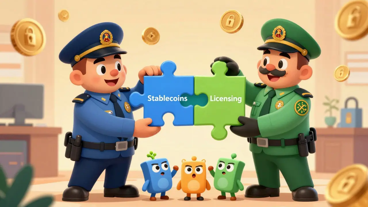 Friendly regulator guardians helping startups assemble a financial compliance puzzle.