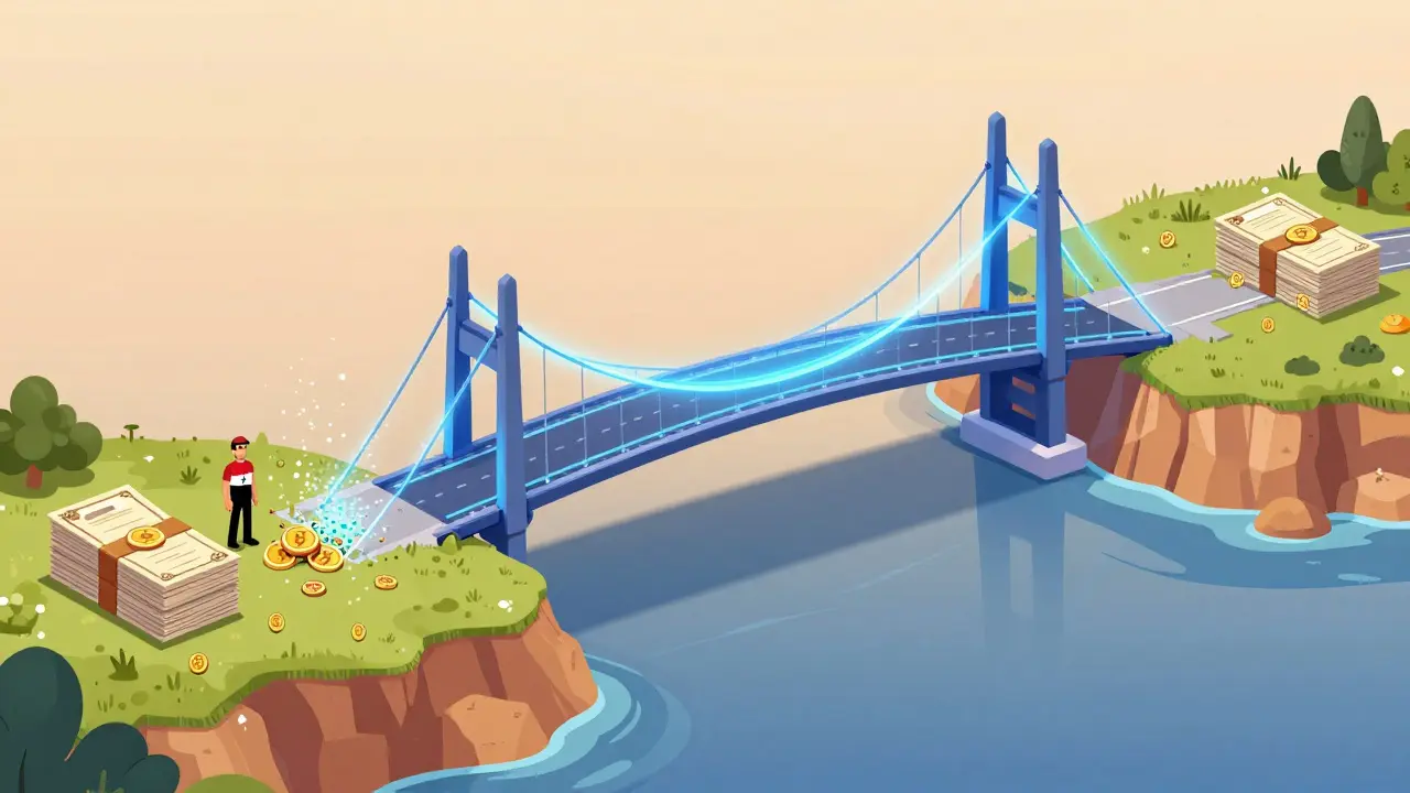 Glowing digital bridge illustrating Lightning Network tech facilitating safe cross-border transfers.