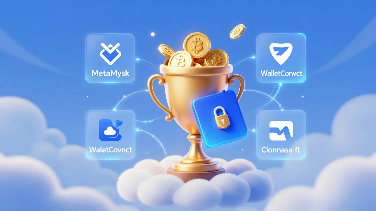 Glowing digital wallet connected to crypto icons and a prize trophy