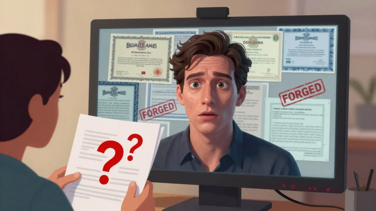 HR manager reviewing forged documents during suspicious video interview