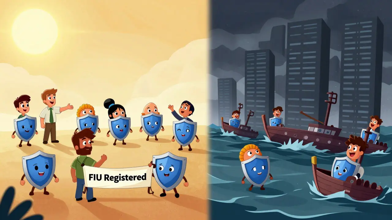 Illustration showing safe registered exchanges vs blocked offshore platforms.