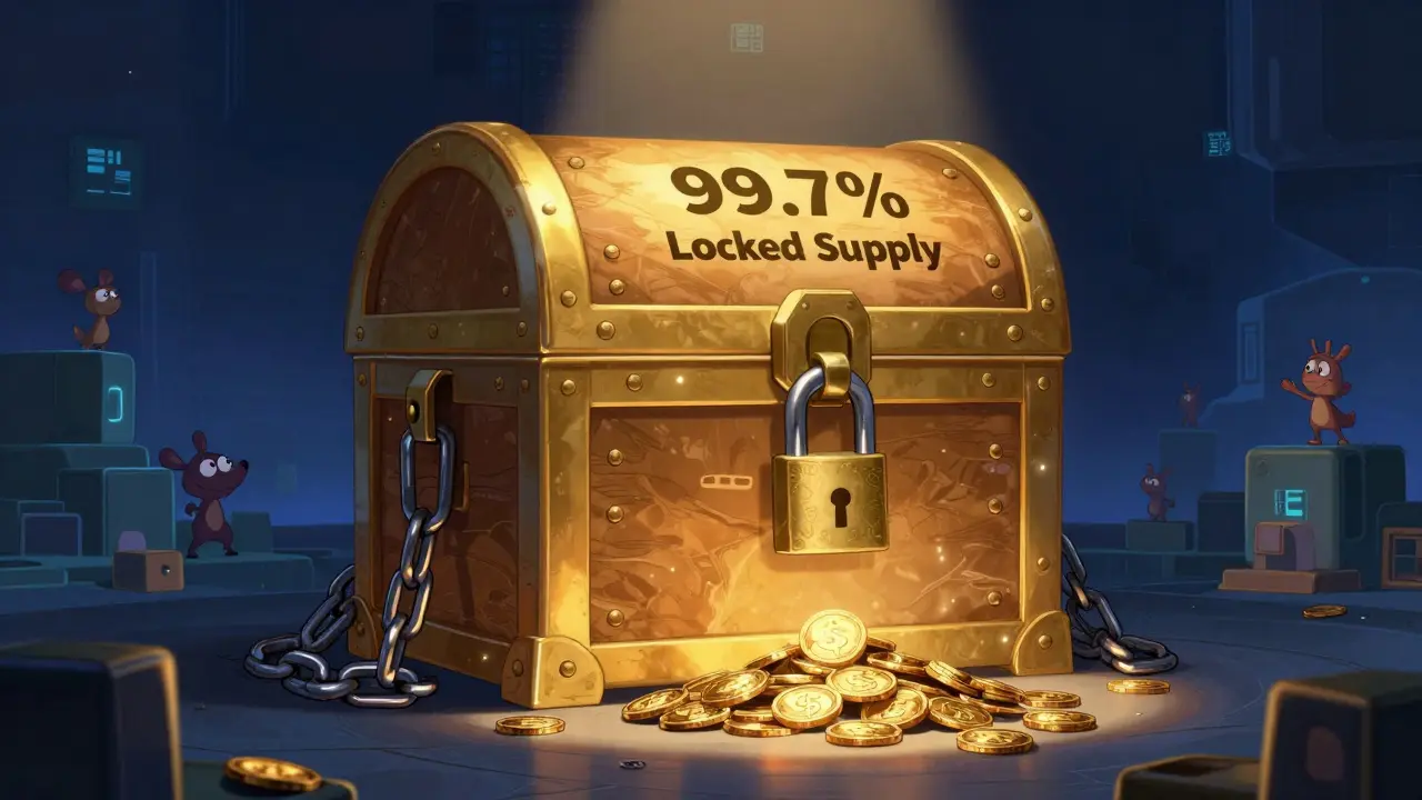 Locked treasure chest representing 99.7% locked BAMP supply