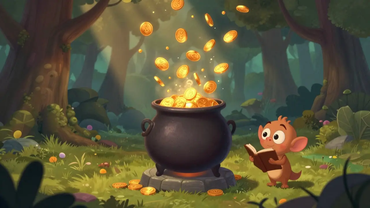 Magical cauldron burning gold coins in a Disney-style forest scene