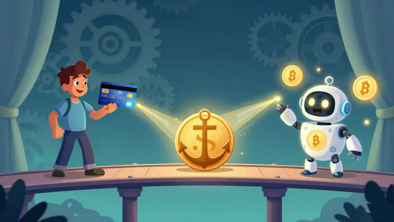 Seamless bridge connecting users to blockchain with stablecoins ensuring safety.