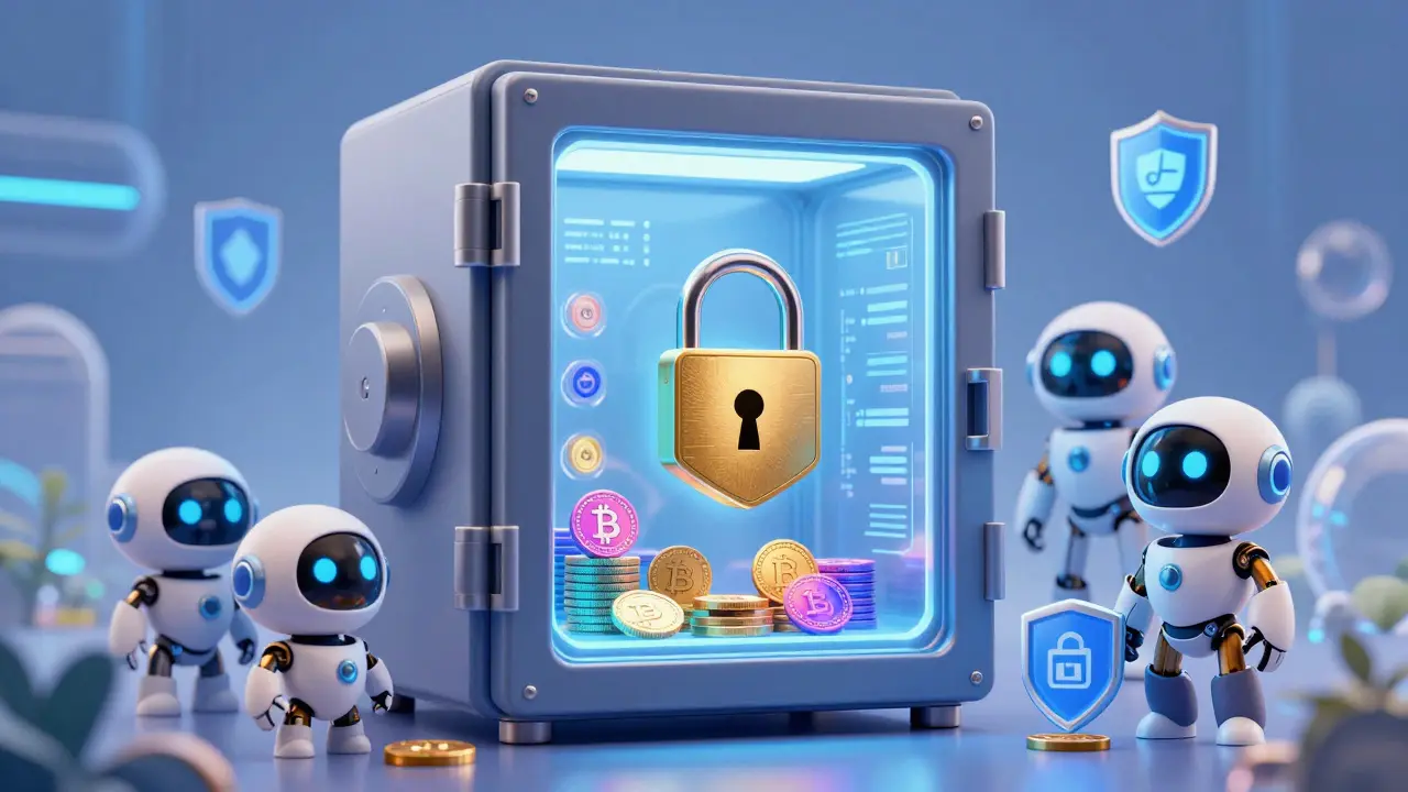 Secure digital vault with guardian robots protecting crypto assets safely.