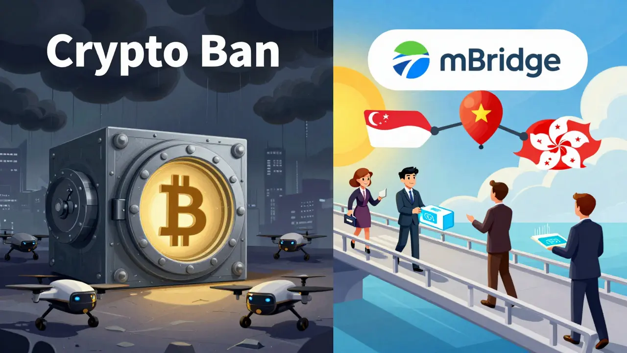 Split view of crypto ban vault and cross-border bridge