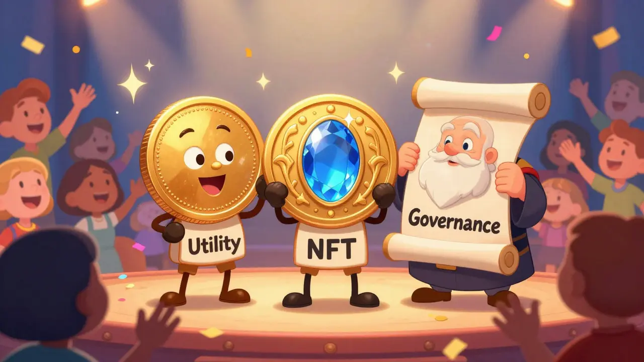 Three magical token characters representing utility, NFTs, and governance.
