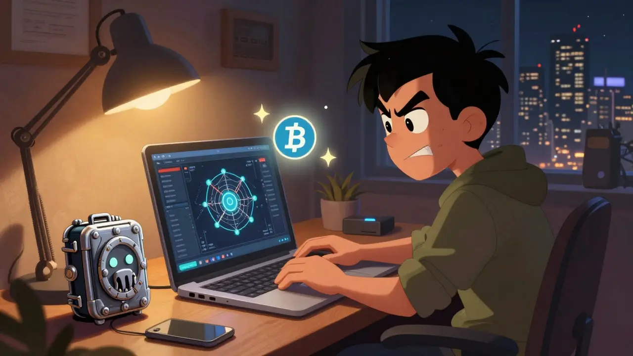 Trader using decentralized tools and cold wallet in a cozy Australian home office