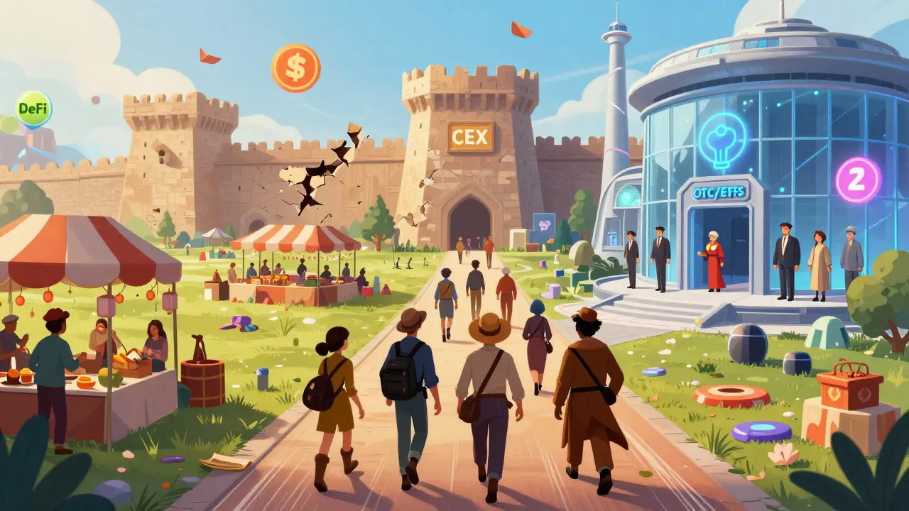 Traders migrating from a traditional exchange fortress to DeFi bazaars and institutional buildings.