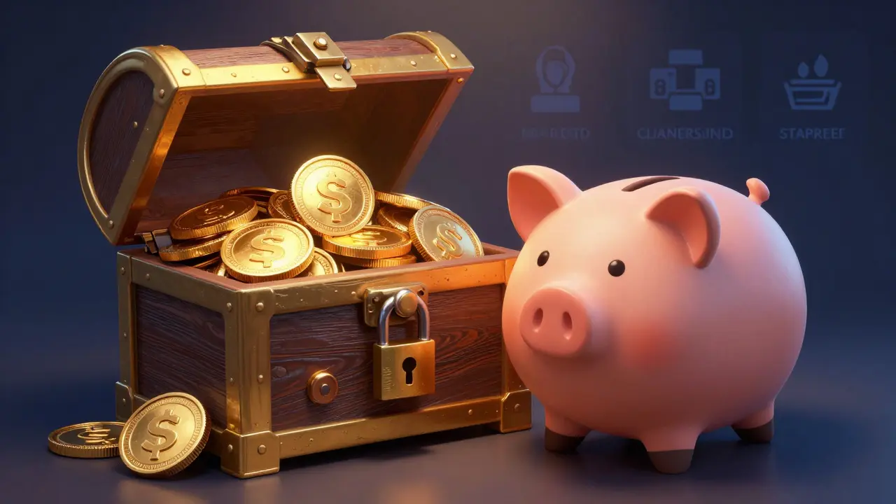 Treasure chest full of SNE tokens next to a secure, friendly wallet character.