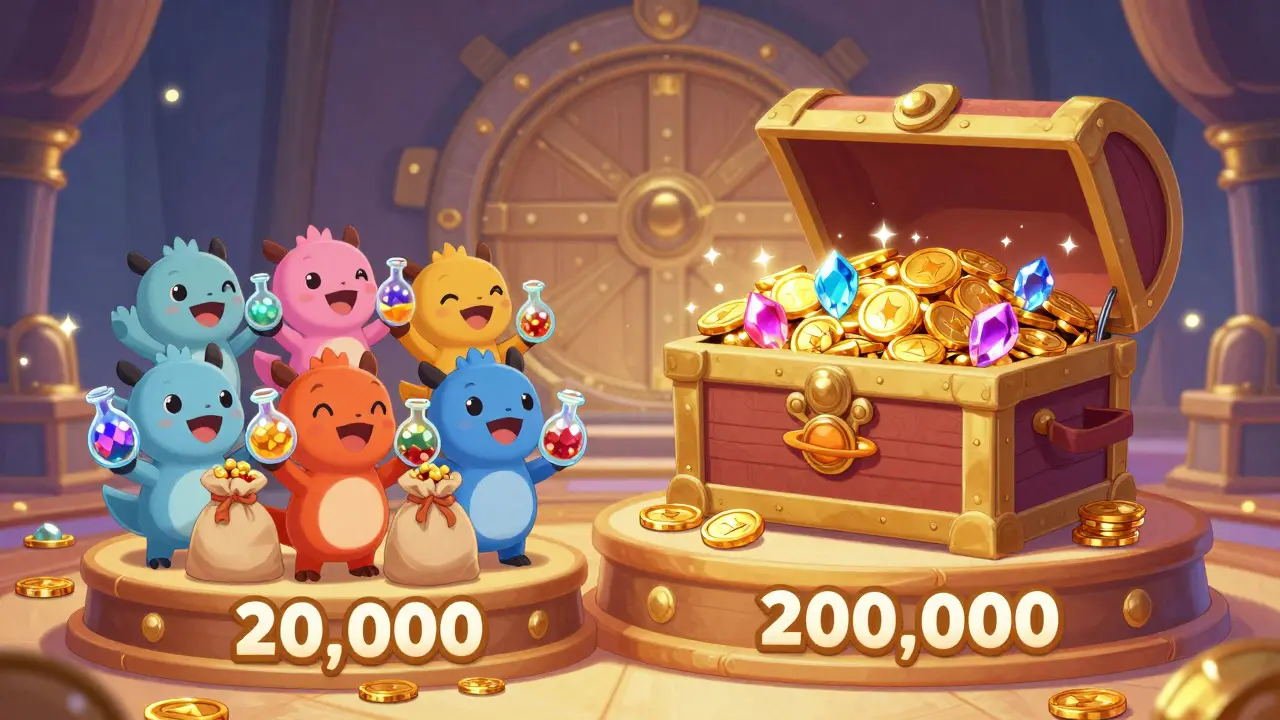 Two groups of characters comparing small potions to a huge treasure chest