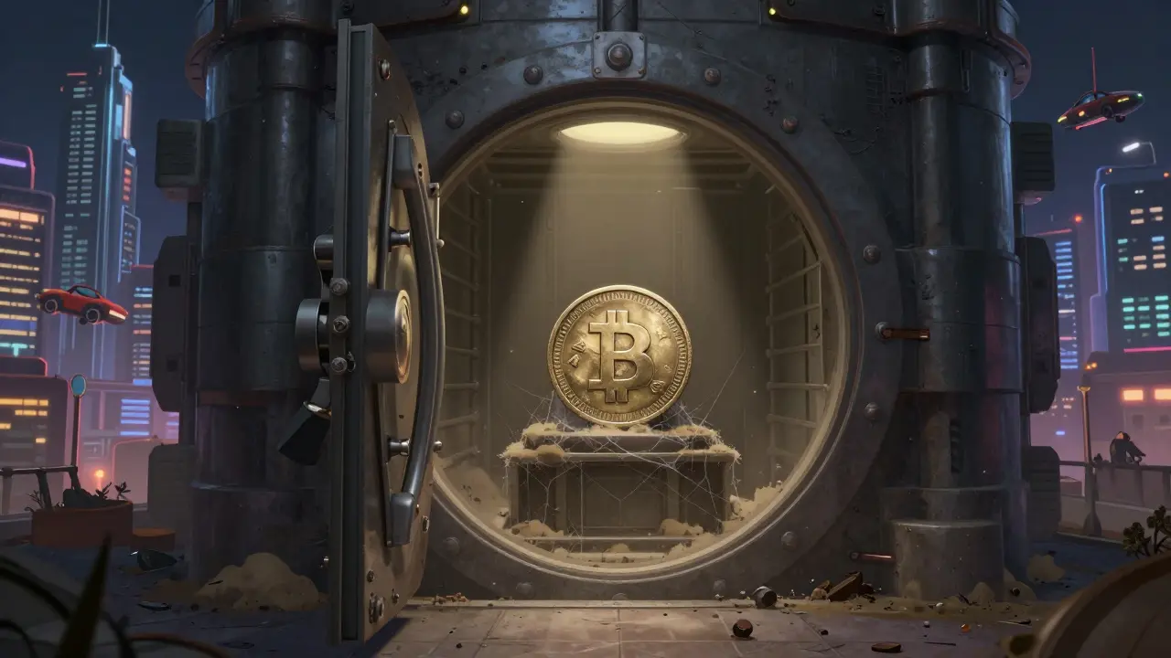 A dusty, abandoned digital vault with a single faded coin inside