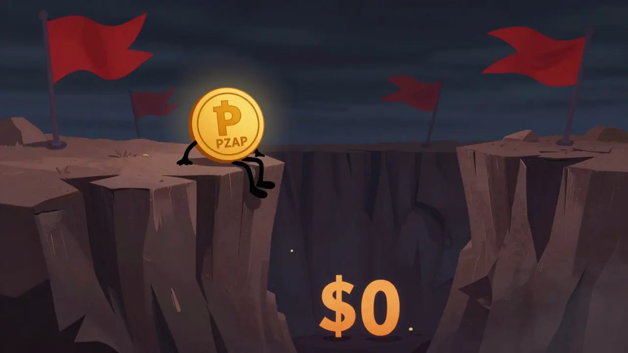 A lonely crypto token sliding down a cliff toward zero value, illustrating high financial risk.